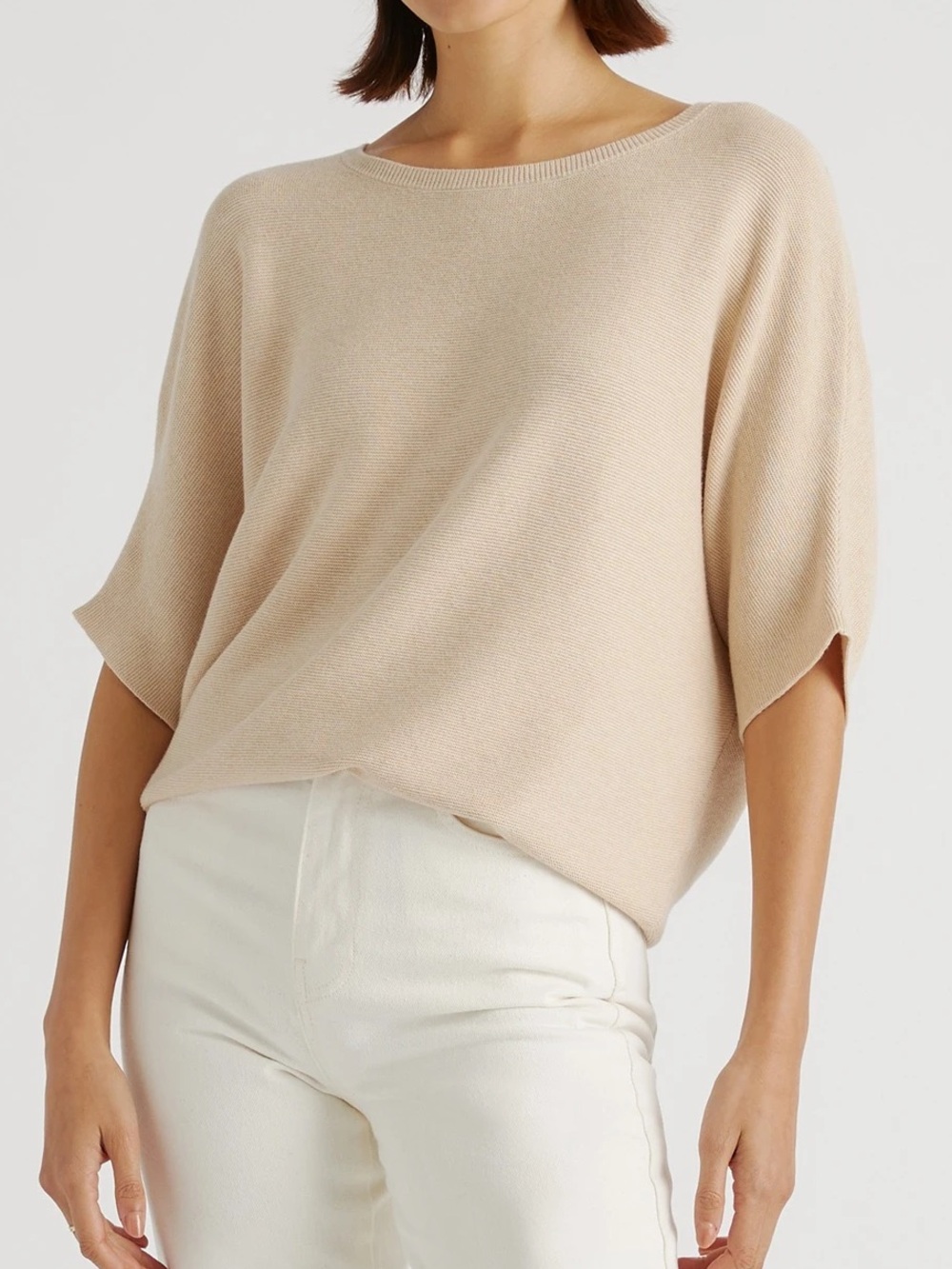 Quince Beige Crewneck Short-Sleeve Knit Sweater